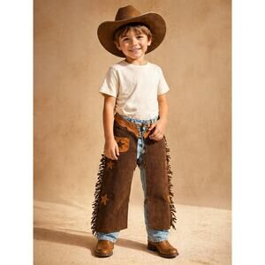 Kids Leather Western Chaps Brown Fringe USA Adjustable Cowboy Rodeo Costume